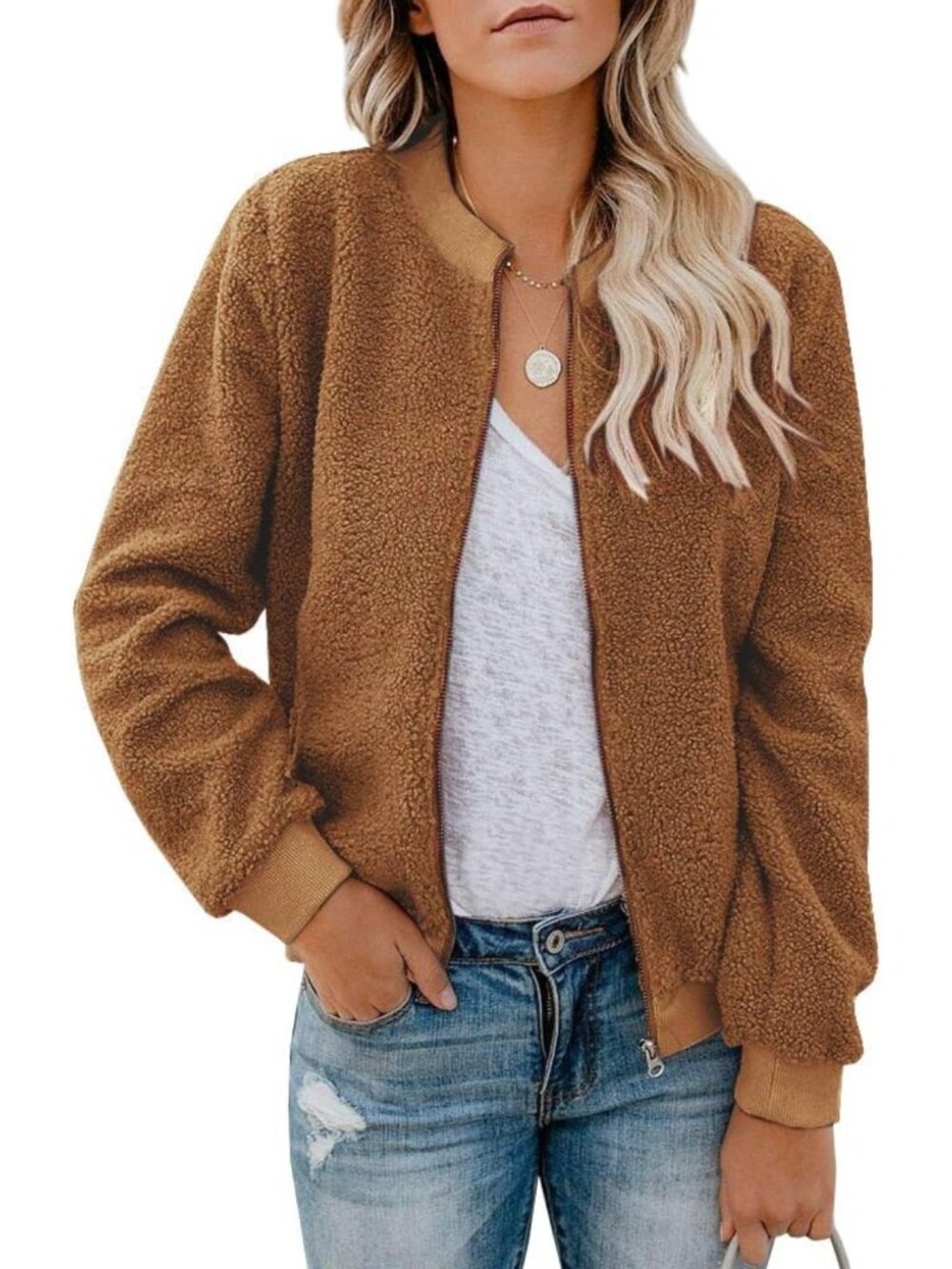 Cozy Women's Fleece Bomber Jacket - Long Sleeve, Faux Sherpa, Zip-Up with